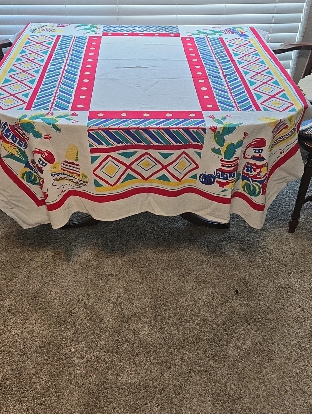 VintageColorful Southwestern Print Tablecloth - White Red Blue 50 X 64